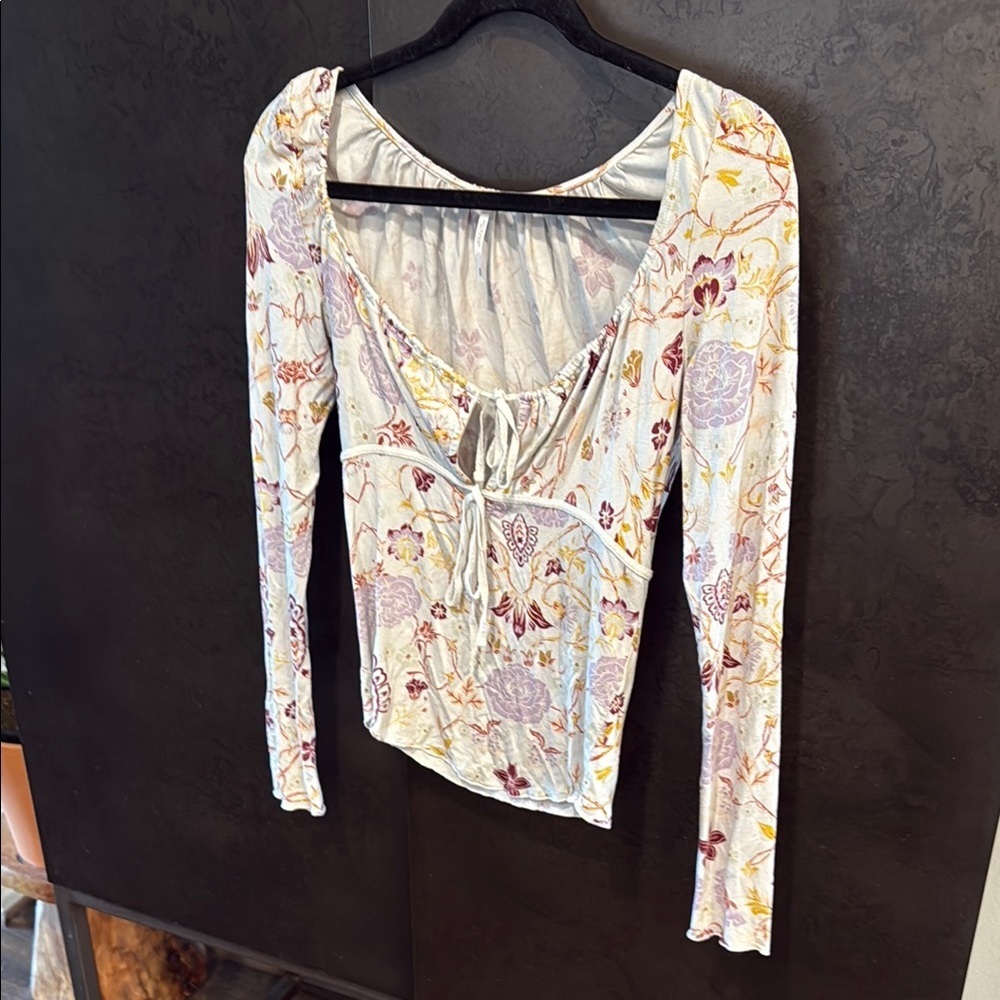 Free People Floral Tie-Front Blouse - Cream and Purple